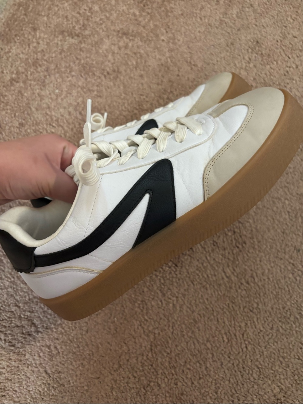 White Leather Sneakers with Black Accent and Gum Sole